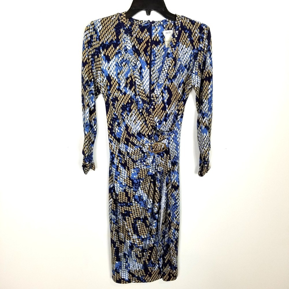 Cache Women Snakeskin Print Wrap Buckle Dress Sz S Blue Brown‎ Stretchy Party